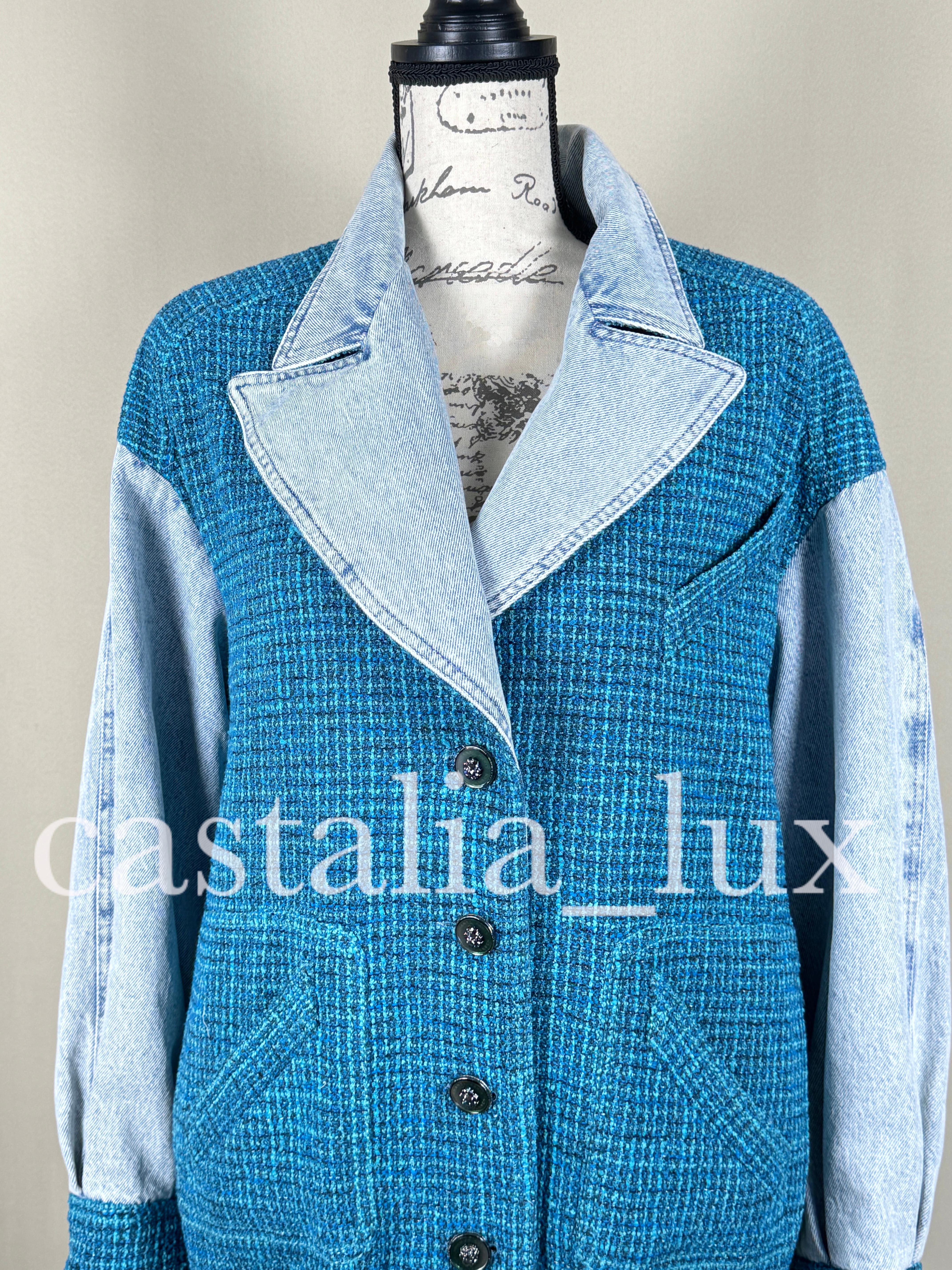 Chanel New 2022 Turquoise Tweed and Denim Jacket For Sale 6