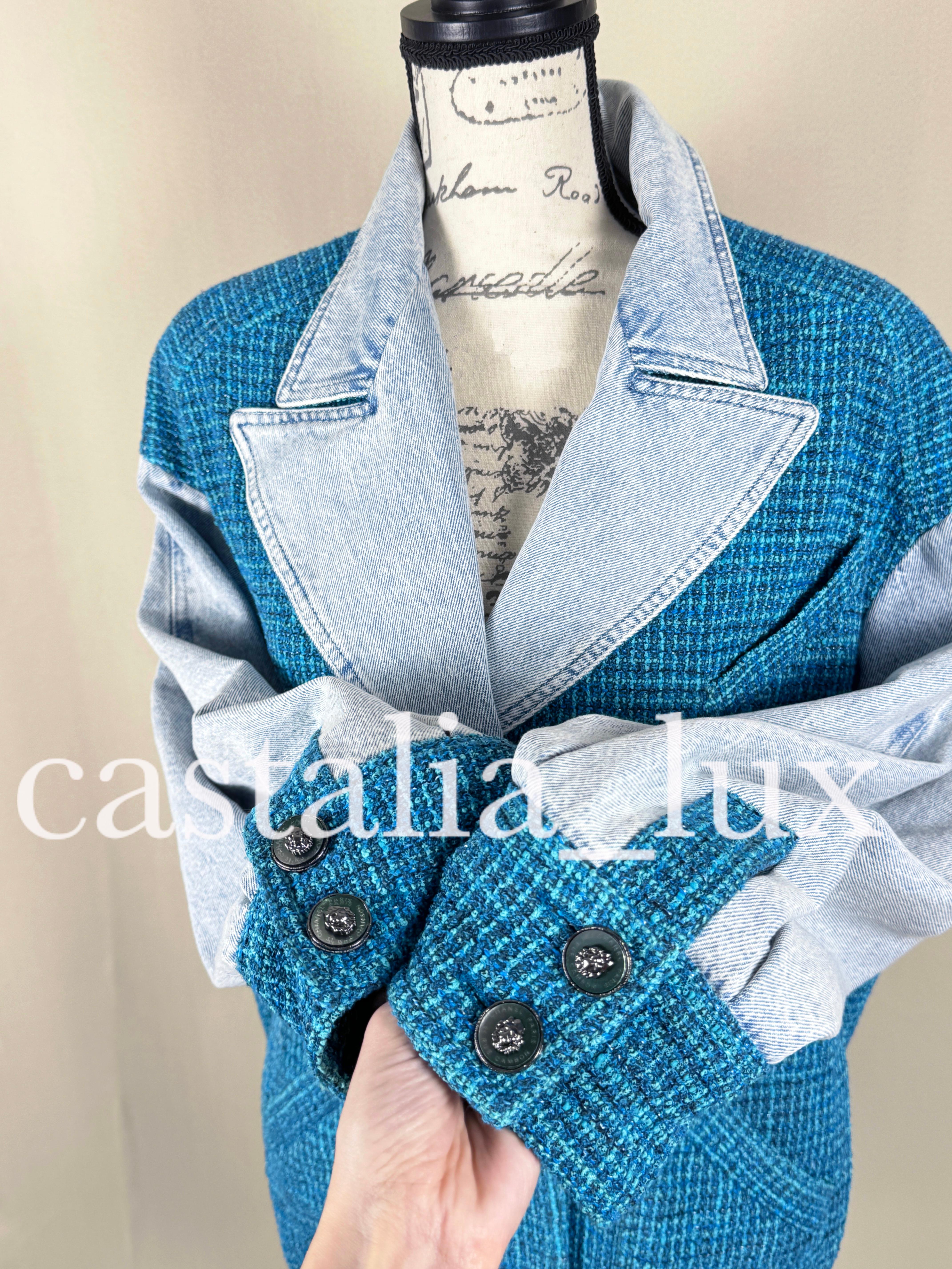 Chanel New 2022 Turquoise Tweed and Denim Jacket For Sale 10