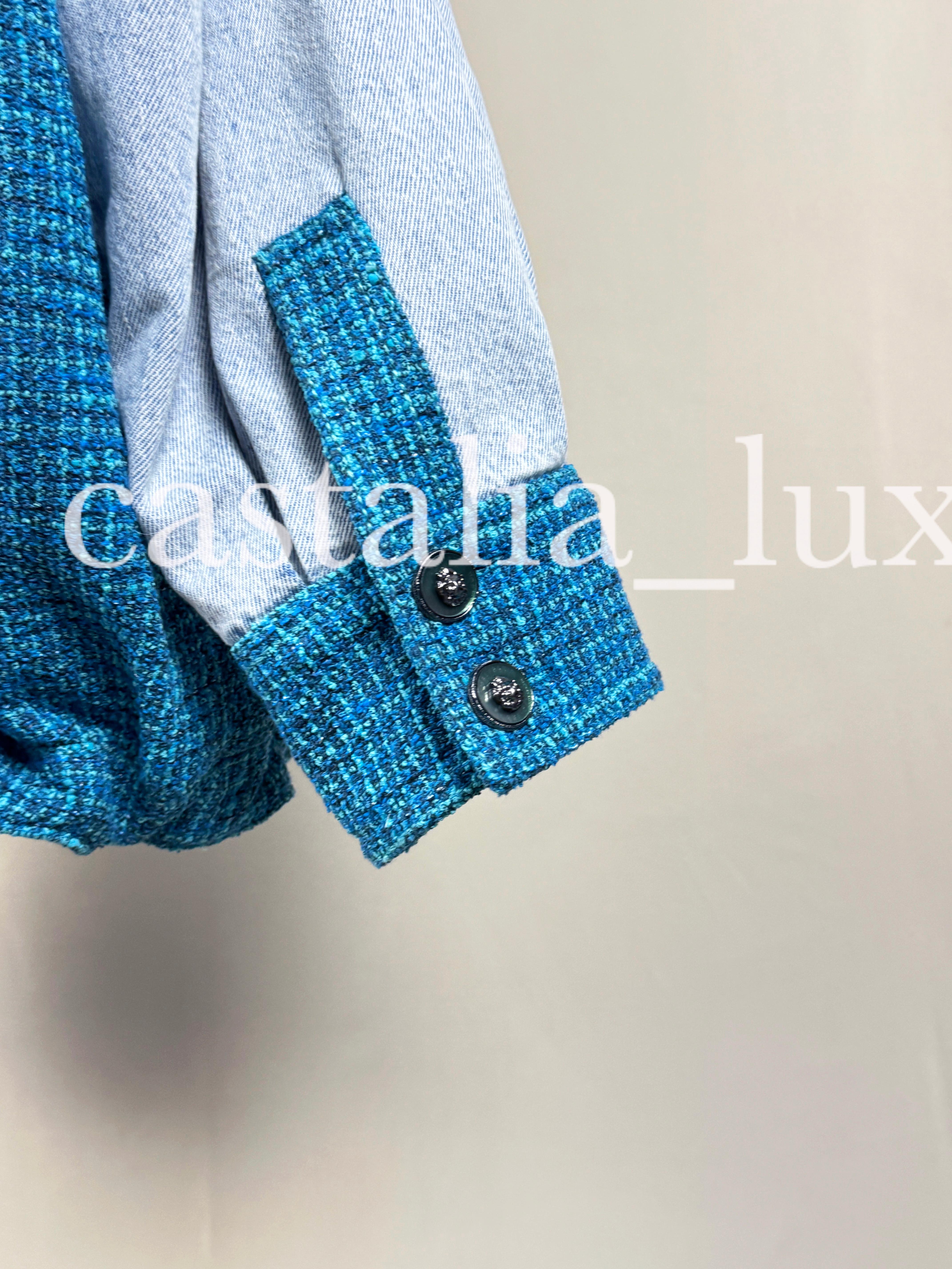 Chanel New 2022 Turquoise Tweed and Denim Jacket 12