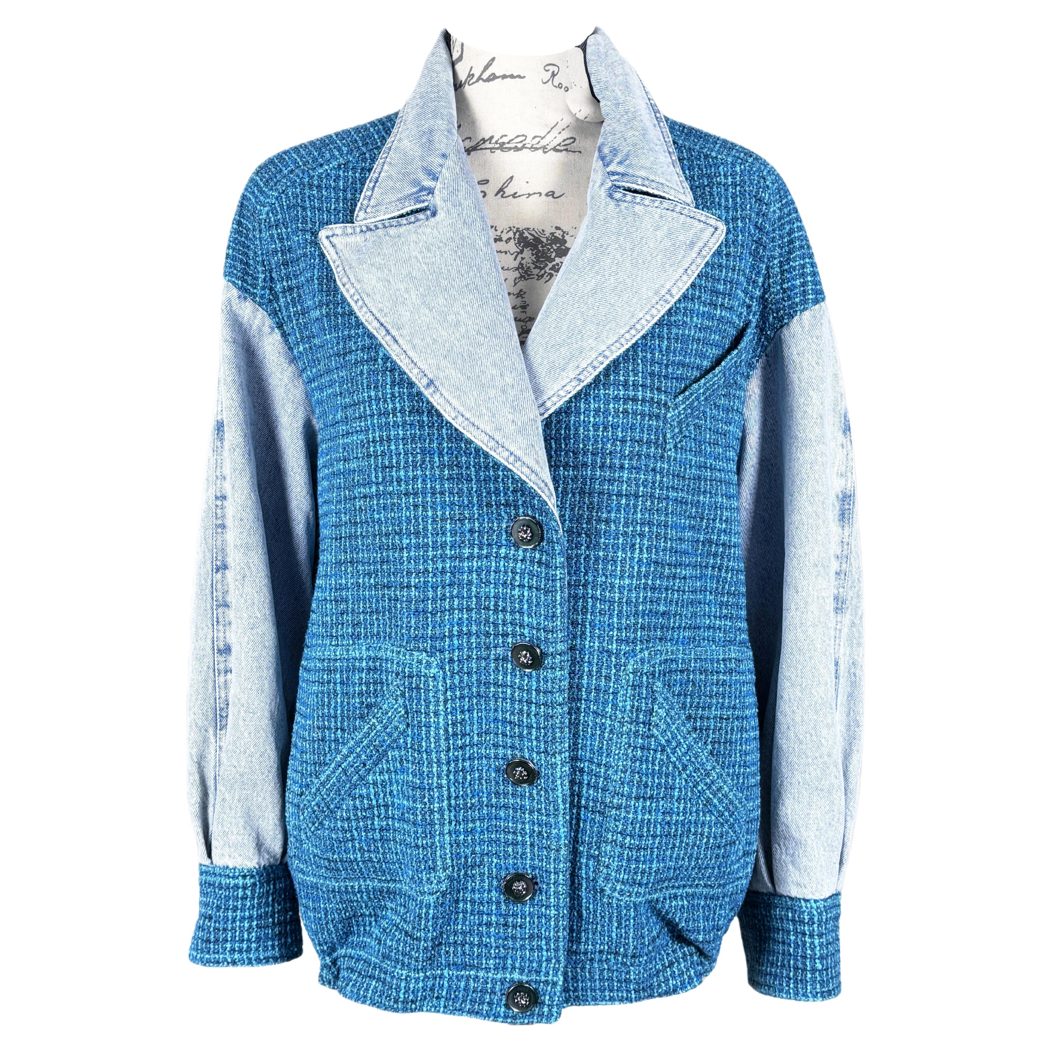 Chanel New 2022 Turquoise Tweed and Denim Jacket For Sale