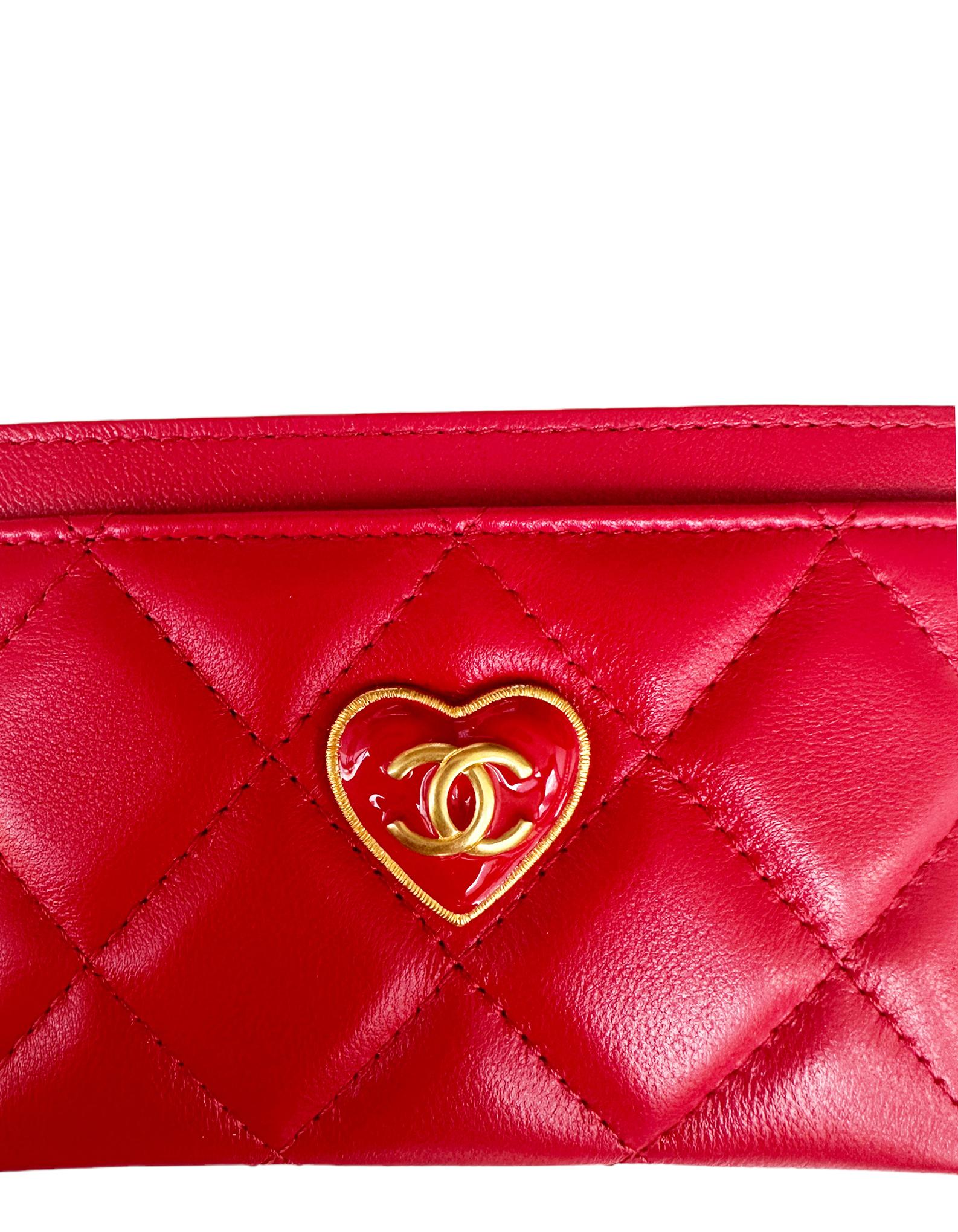 Chanel NEW 2023 Red Lambskin Quilted Resin CC Heart Card Holder

Made In: Italy
Color: Red
Hardware: Goldtone
Materials: Lambskin leather
Lining: Grosgrain
Four credit card slots
Exterior Condition: Like new
Interior Condition: Like new
Includes: