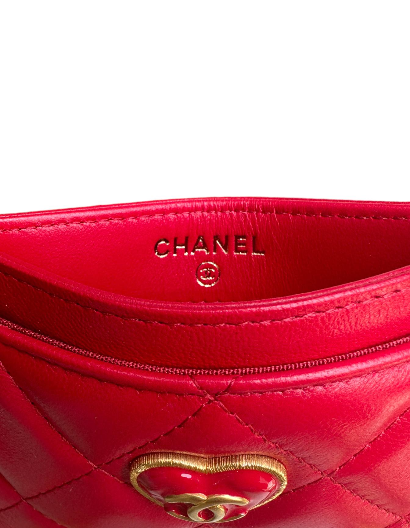 Chanel NEW 2023 Red Lambskin Quilted Resin CC Heart Card Holder 1
