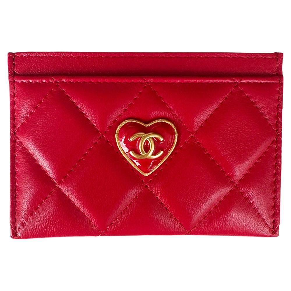 Chanel NEW 2023 Red Lambskin Quilted Resin CC Heart Card Holder at