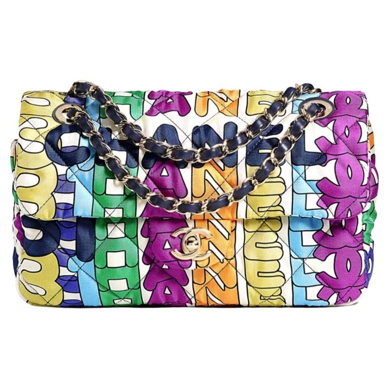 CHANEL NEW 21K Multi Color Rainbow Fabric Gold Leather Chain Shoulder Flap  Bag