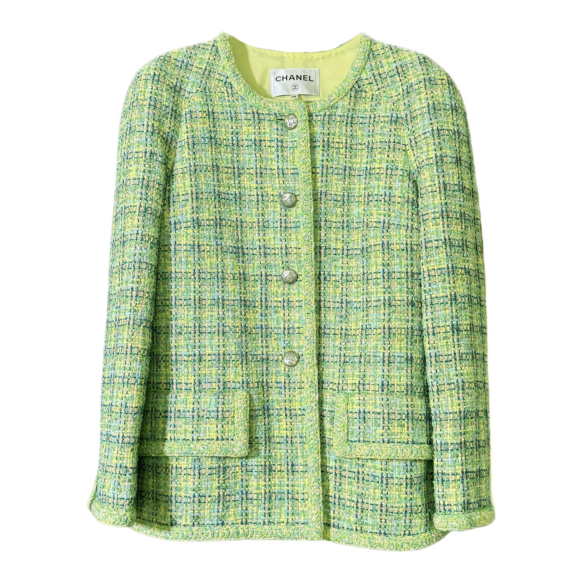 Chanel Neue Werbekampagne Limonengrüne Tweed-Jacke 38 FR im Angebot