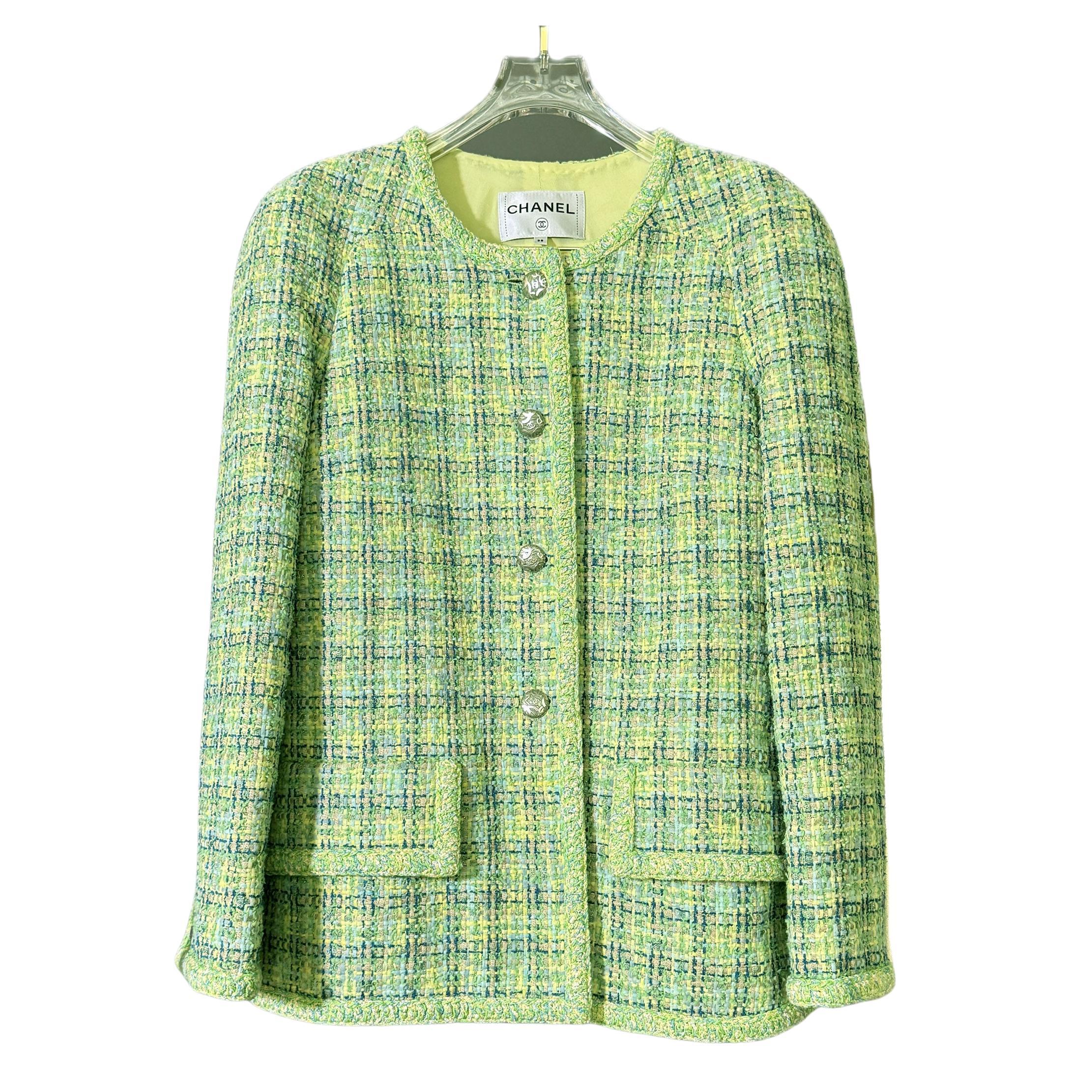 Chanel Nuova Campaigner Giacca di tweed verde lime 38 FR