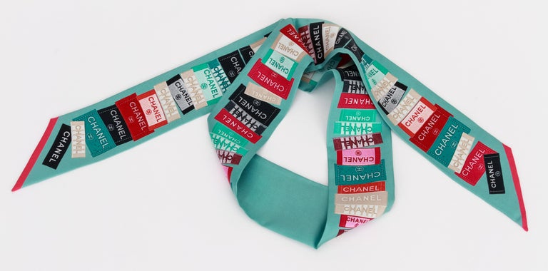 Chanel New Aqua Silk Labels Twilly For Sale at 1stDibs