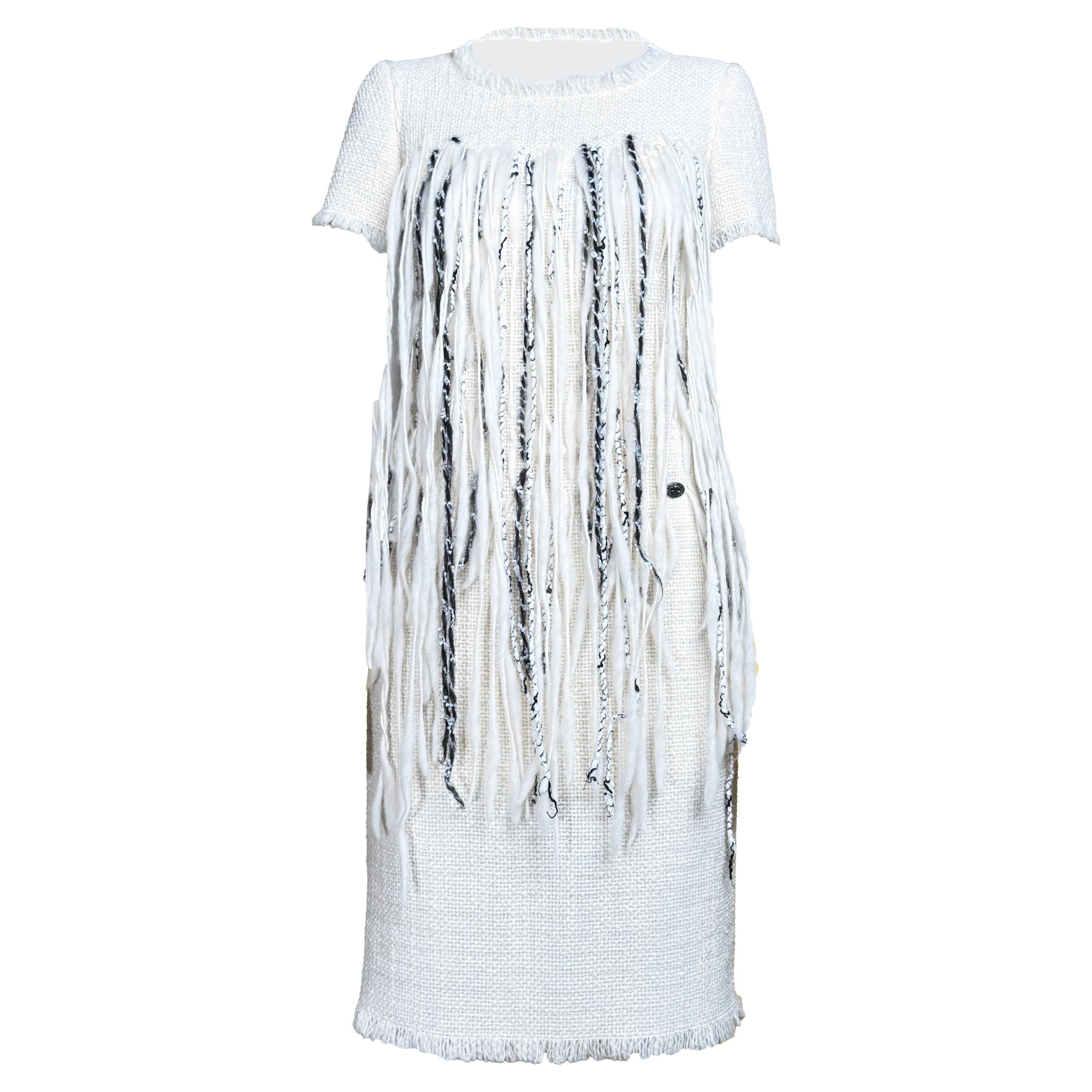 CHANEL New ARCTIC Collection Iconic Fringed Tweed Dress 34 FR