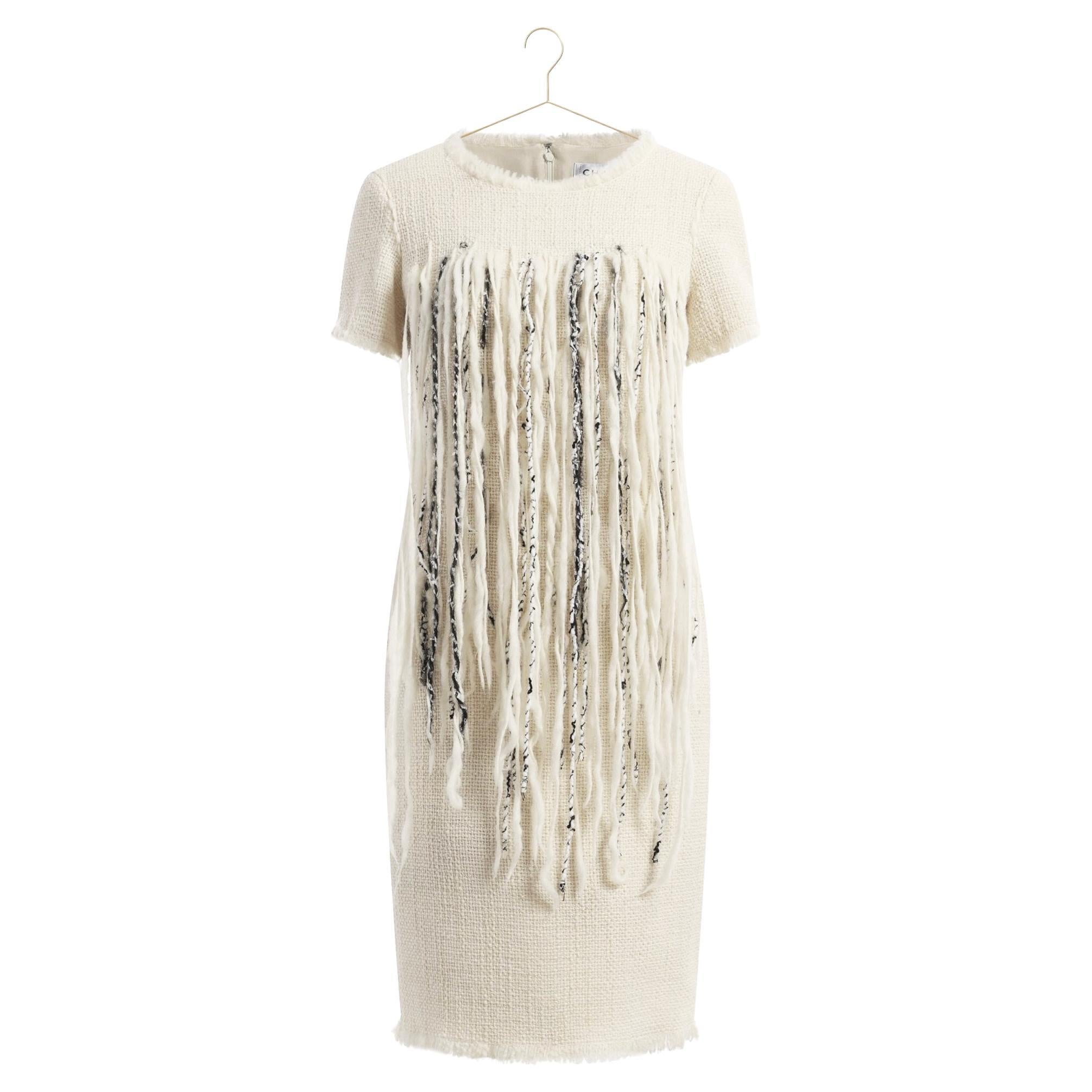 CHANEL New ARCTIC Collection Iconic Fringed Tweed Dress 34 FR