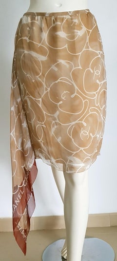 CHANEL "New" Beige and White Foulard on Side Silk Skirt - Unworn