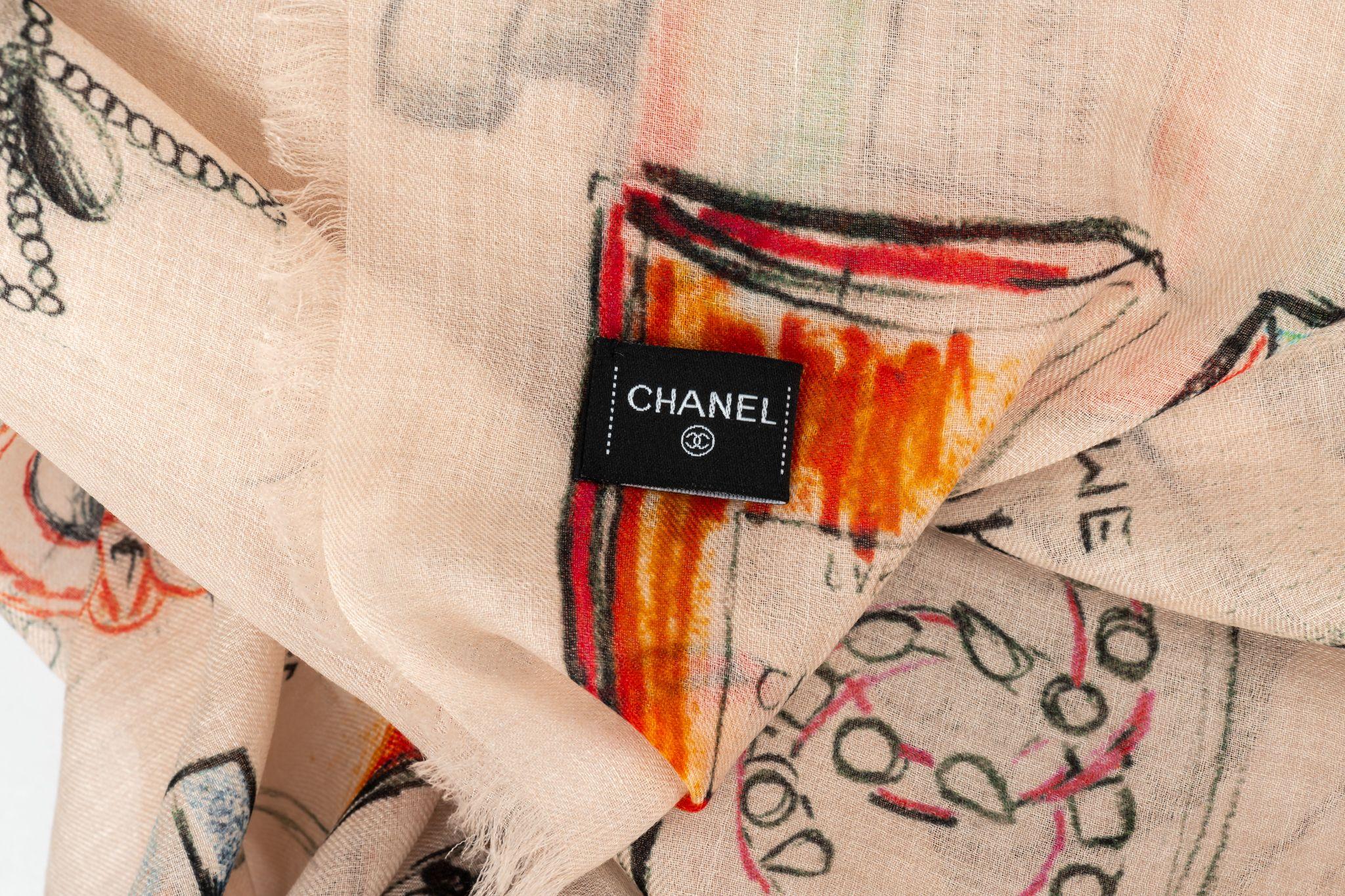 Chanel New Beige Drawings Cashmere Shawl In New Condition For Sale In West Hollywood, CA