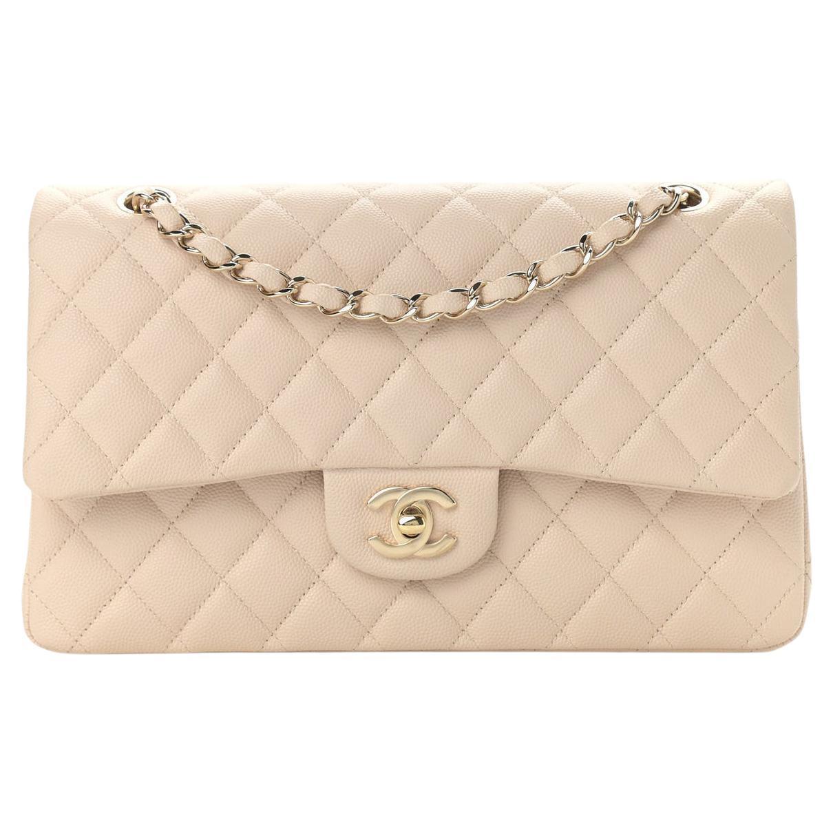CHANEL NEW Beige Tan Caviar Leather Quilted Gold Hardware Medium Double Flap Bag