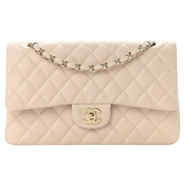 CHANEL NEW Beige Tan Caviar Leather Quilted Gold Hardware Medium
