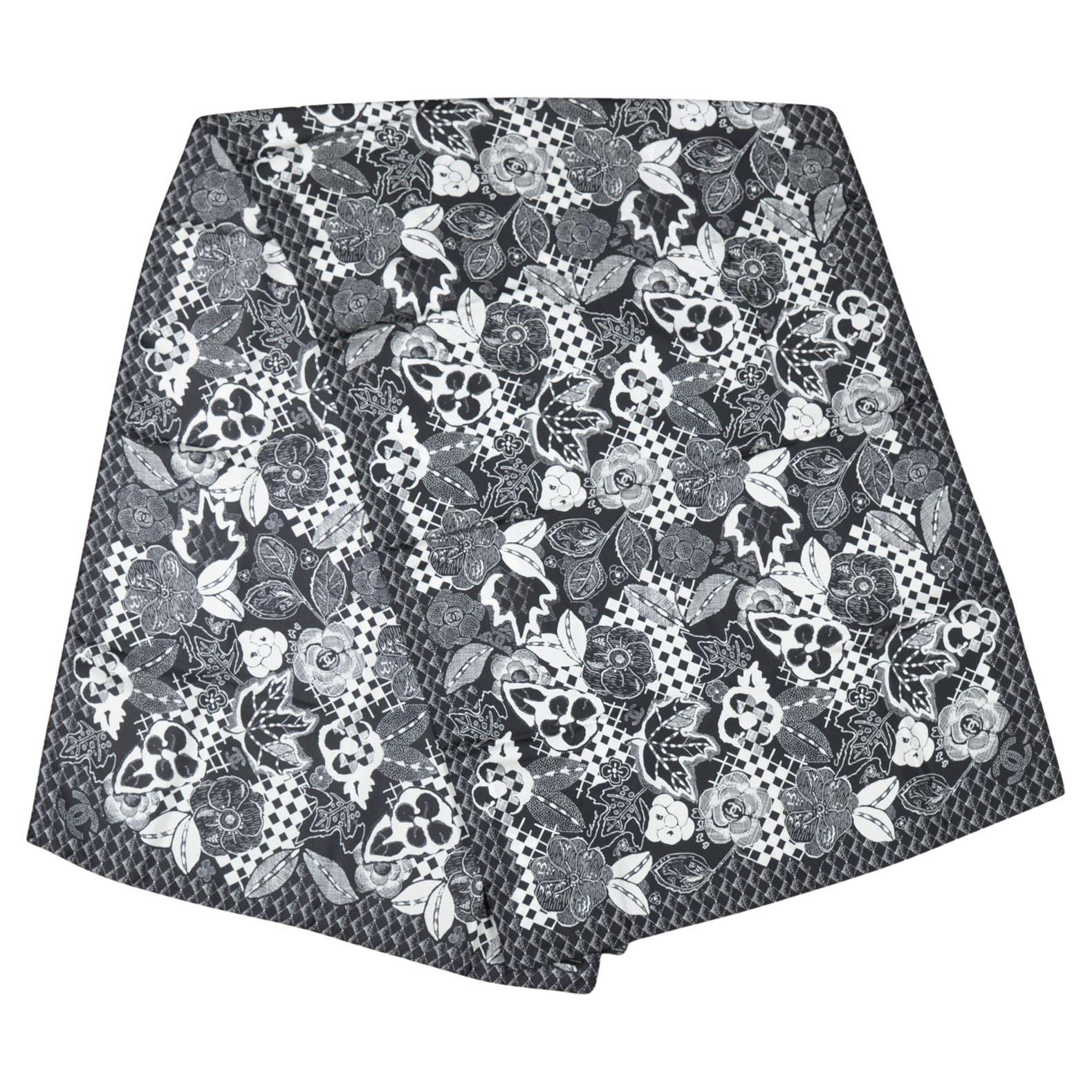 Chanel New Black and White Silk Camellia Shawl For Sale