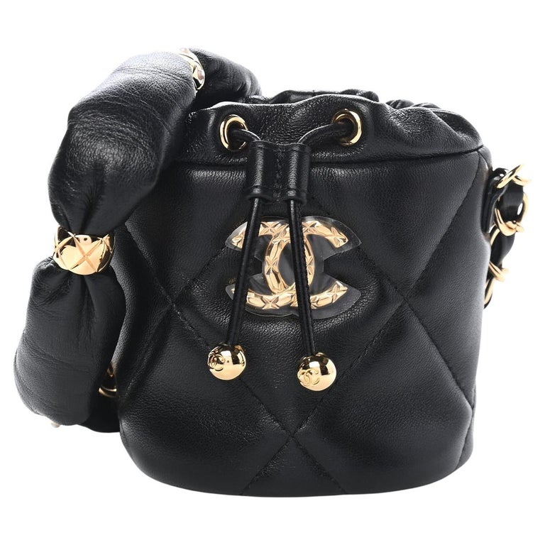 CHANEL NEW Black Calfskin Quilted Pillow Leather Gold Mini Bucket