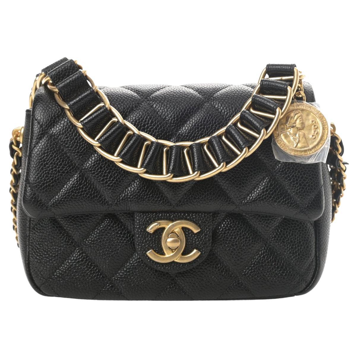 CHANEL NEW Black Caviar Leather Quilted Gold Hardware Mini Chain