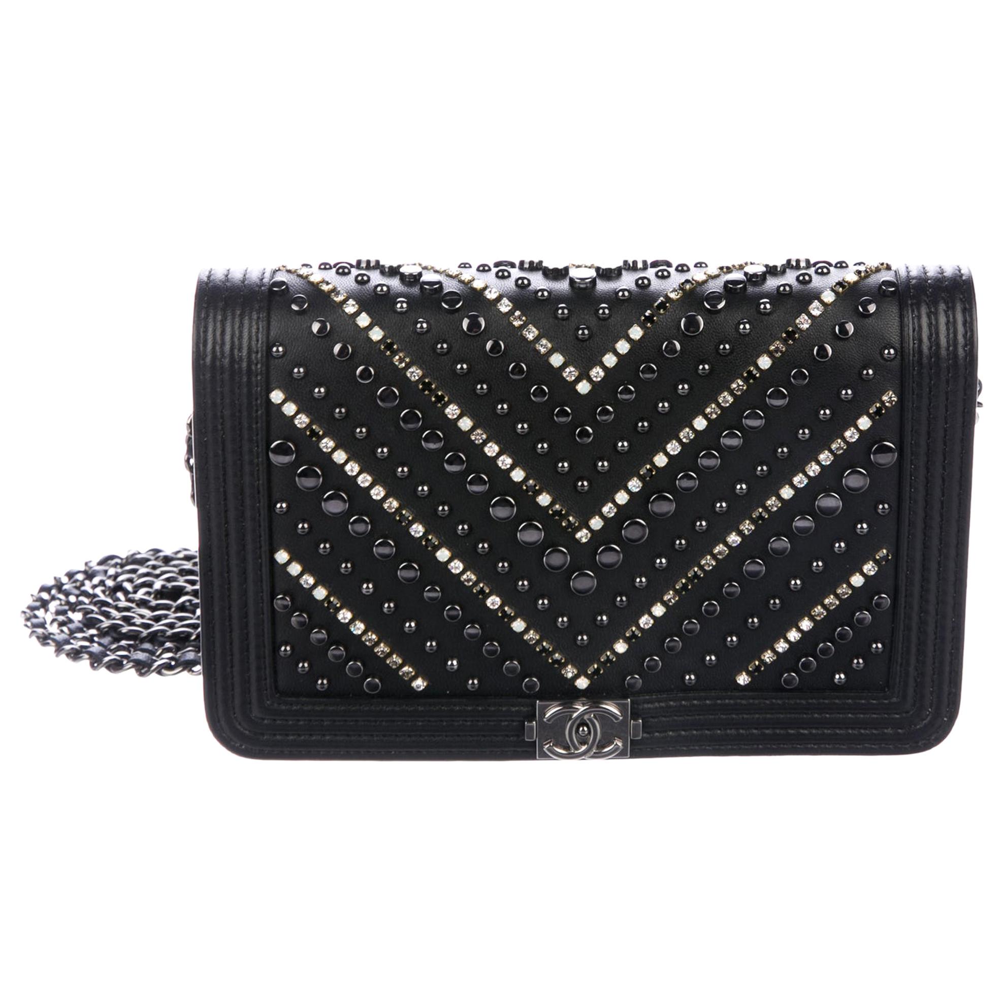 Chanel NEW Black Leather Crystal Stud Small Evening Shoulder Flap Bag in Box