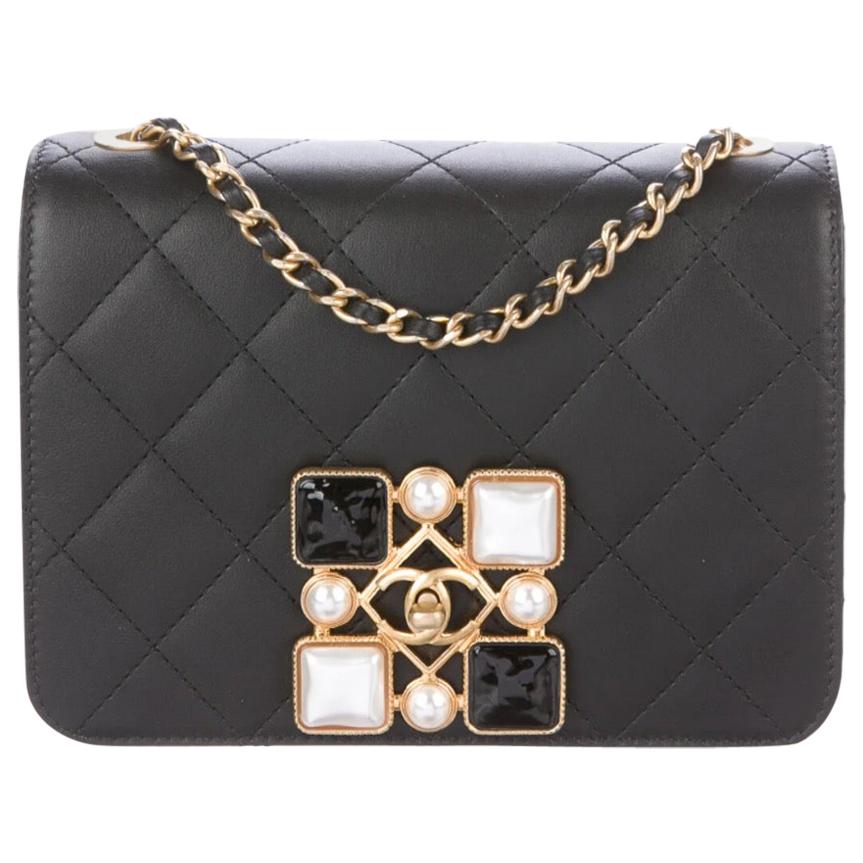 Chanel NEW Black Leather Faux Pearl Small Mini Evening Shoulder Flap Bag in Box For Sale