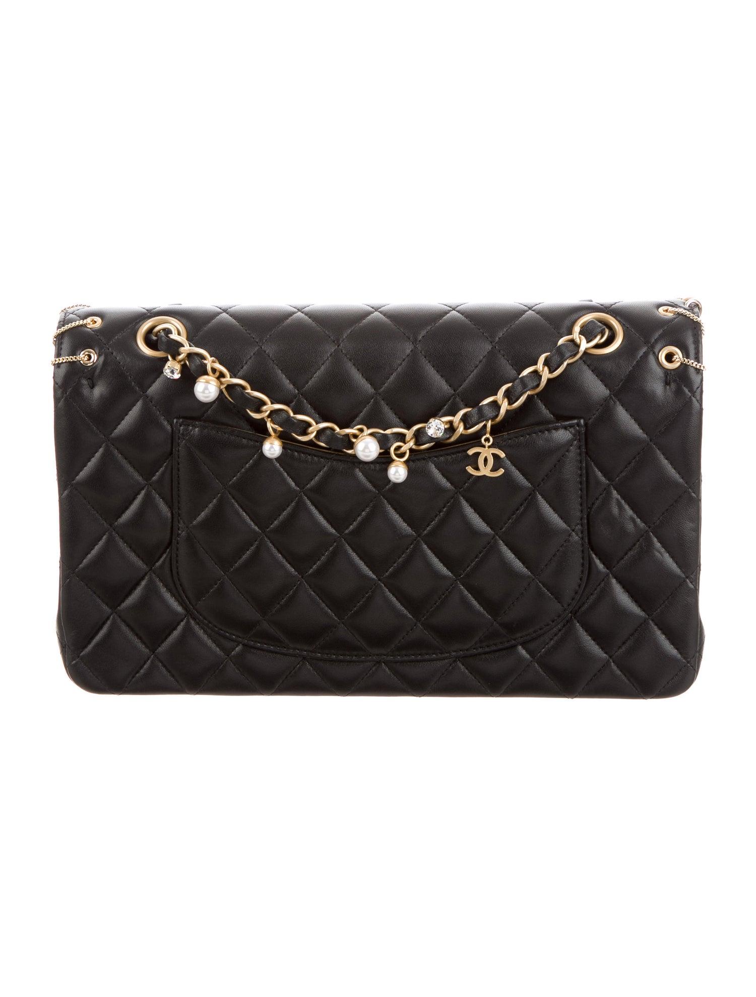 Women's Chanel NEW Black Leather Gold Charm Chain Pearl Shoulder Flap Bag in Box 