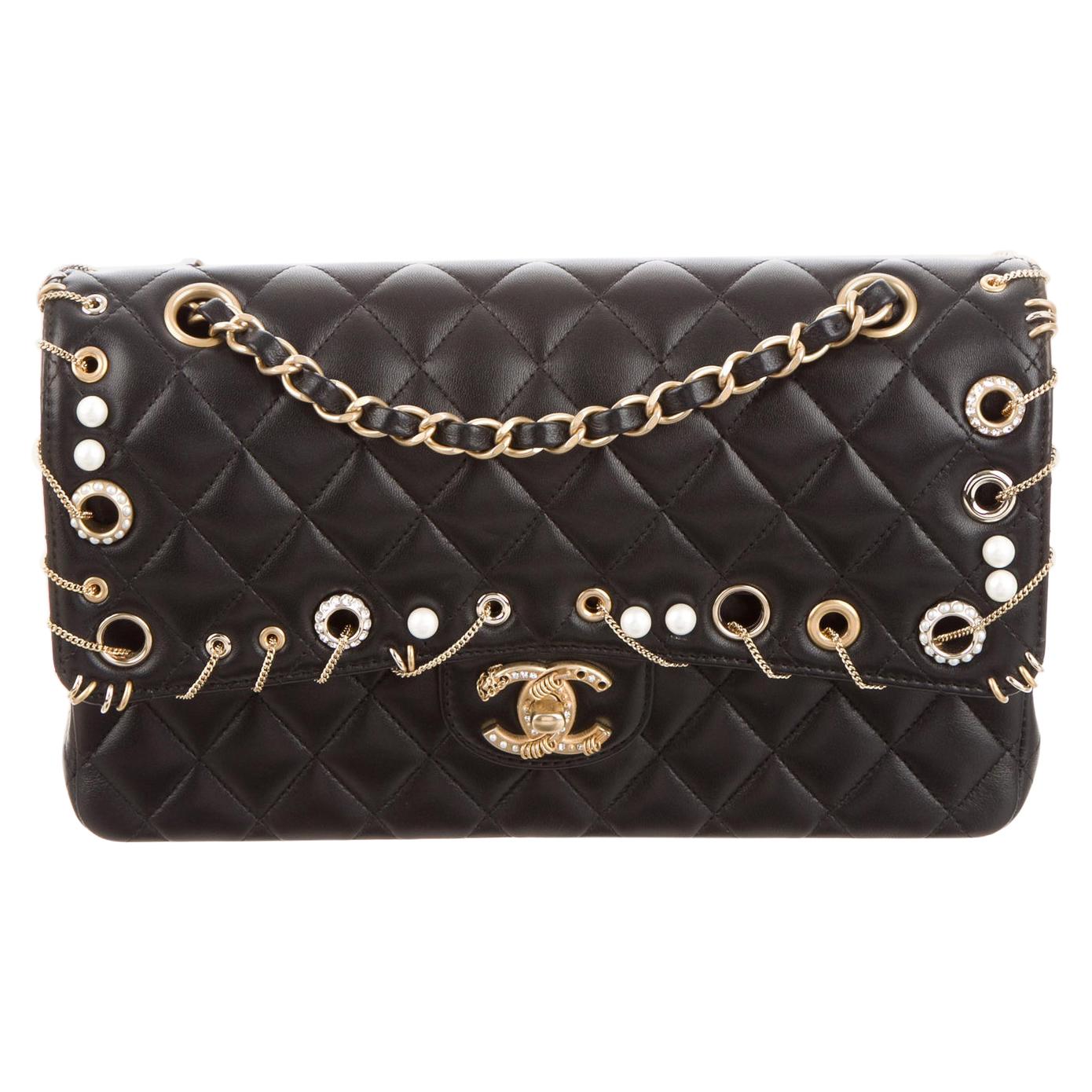 Chanel NEW Black Leather Gold Charm Chain Pearl Shoulder Flap Bag in Box 