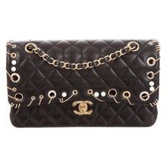 Chanel NEW Black Leather Gold Charm Chain Pearl Shoulder Flap Bag in Box