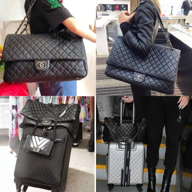 Chanel NEW Black Leather Silver Large Weekender Travel Shoulder Flap Bag in  Box