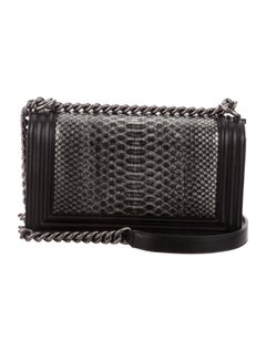 Chanel NEW Black Leather Silver Snakeskin Exotic Evening Shoulder Flap Bag W/Box