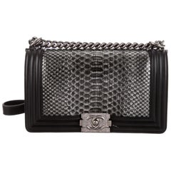 Chanel NEW Black Leather Silver Snakeskin Exotic Evening Shoulder Flap Bag W/Box