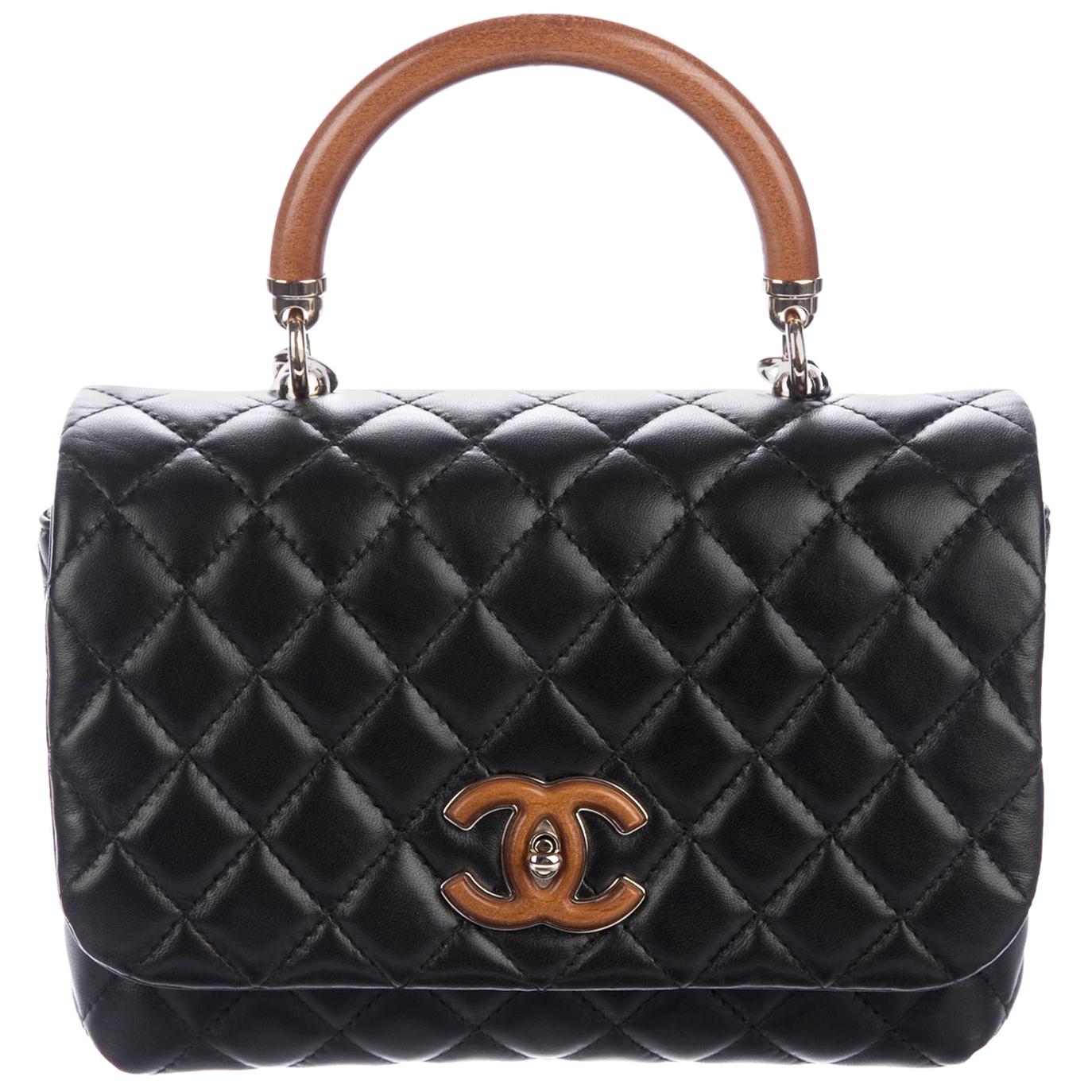 Chanel NEW Black Leather Wood Top Handle Satchel Kelly Shoulder Flap Bag in Box 