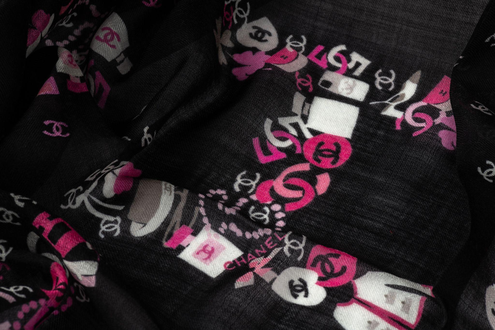 Chanel new black and pink cashmere shawl. Multi logo writing design. Original care tag.