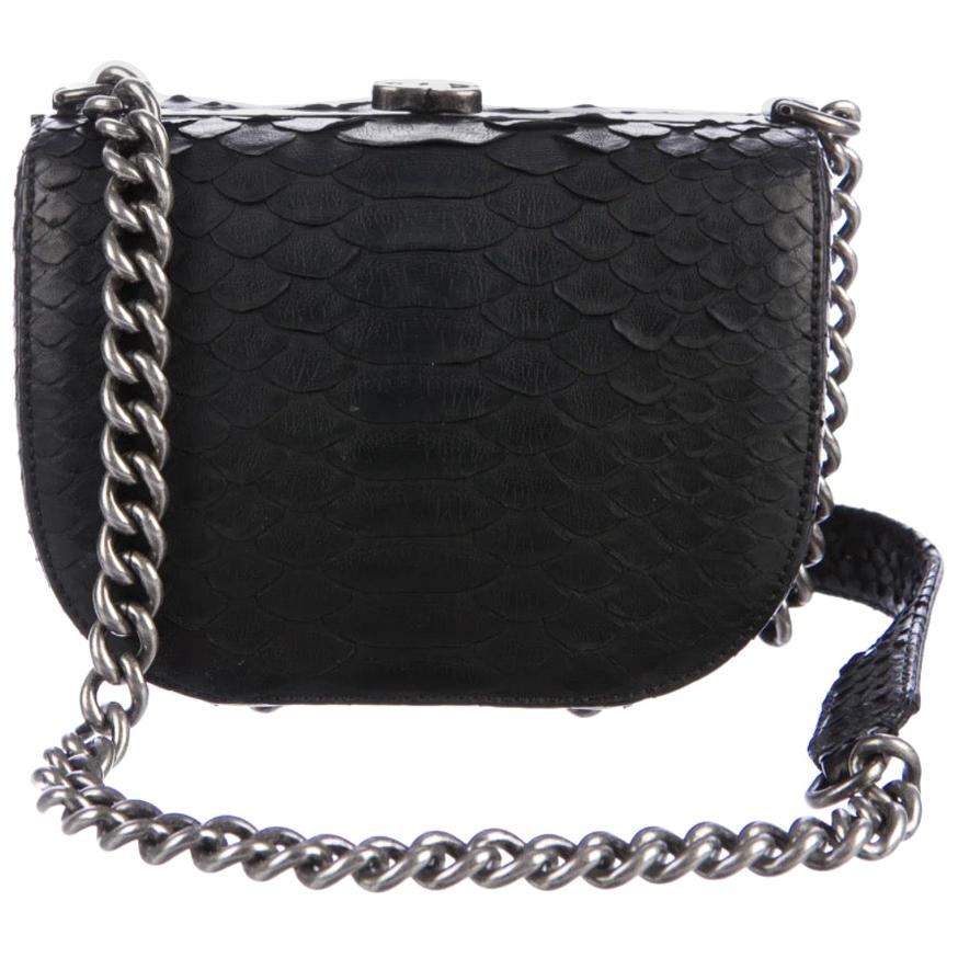 Chanel NEW Black Snakeskin Exotic Leather Silver Small Mini Shoulder Flap Bag