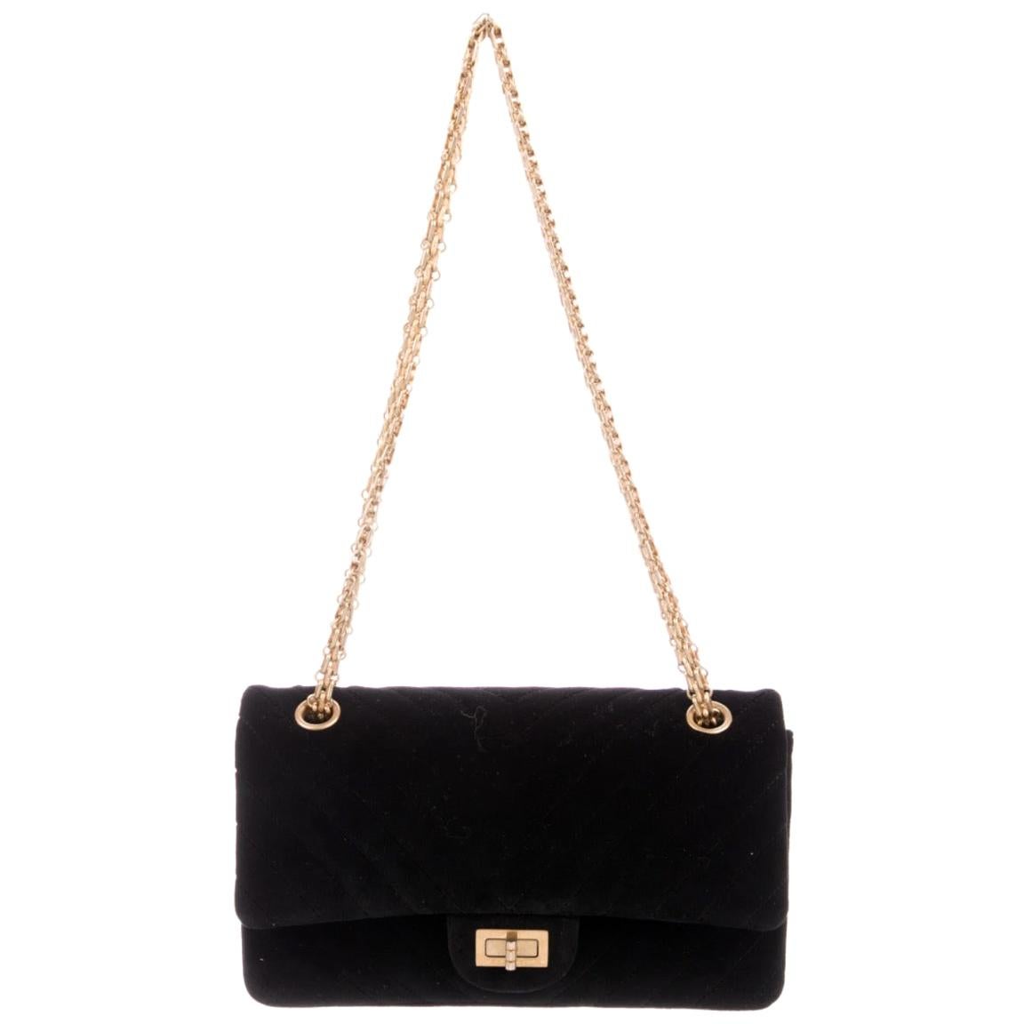Chanel NEW Black Velvet Chevron Gold Medium Evening Flap Shoulder Bag in Box
