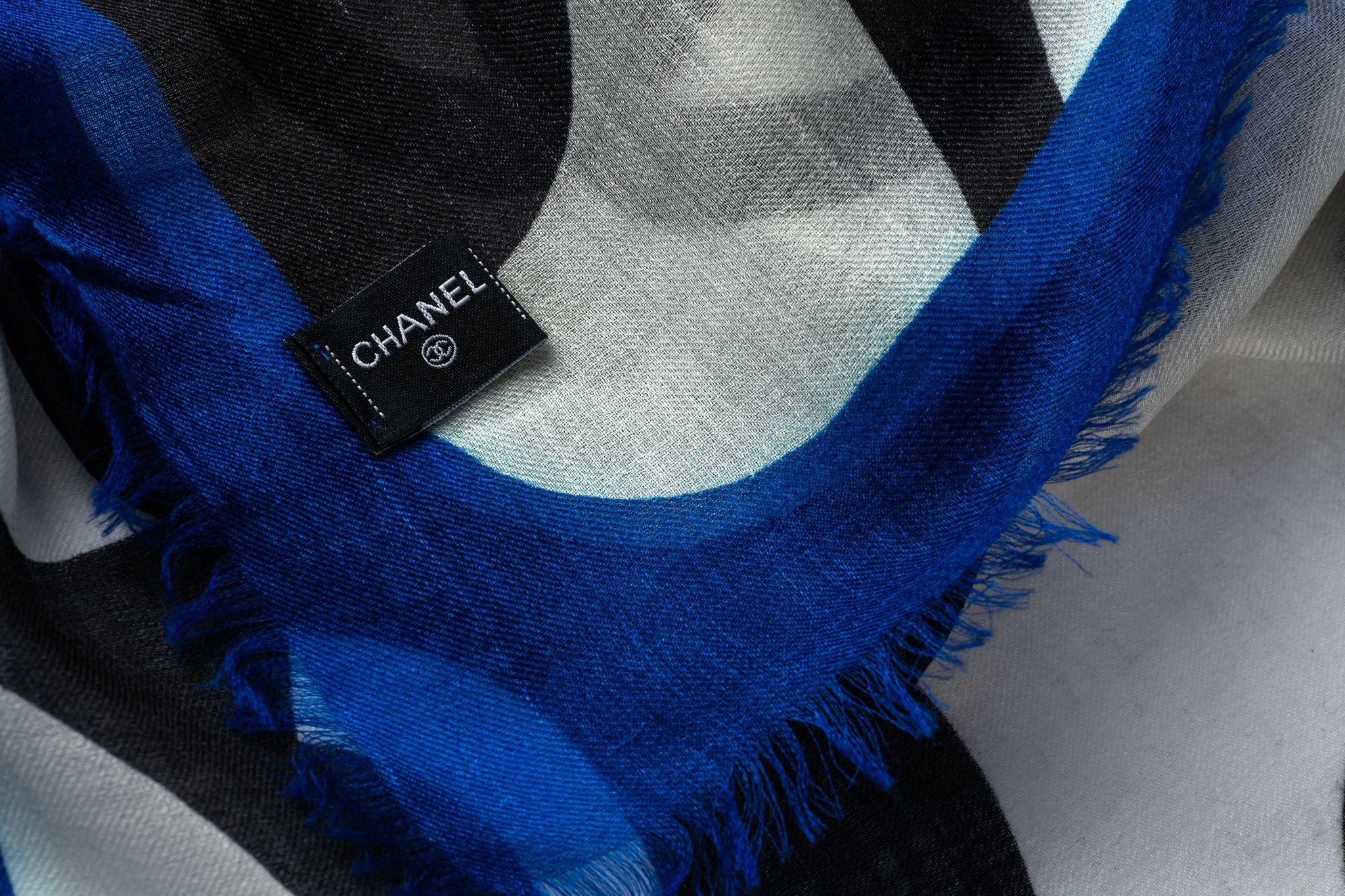 Chanel new logo cashmere shawl in white, black and blue . Original care tag.