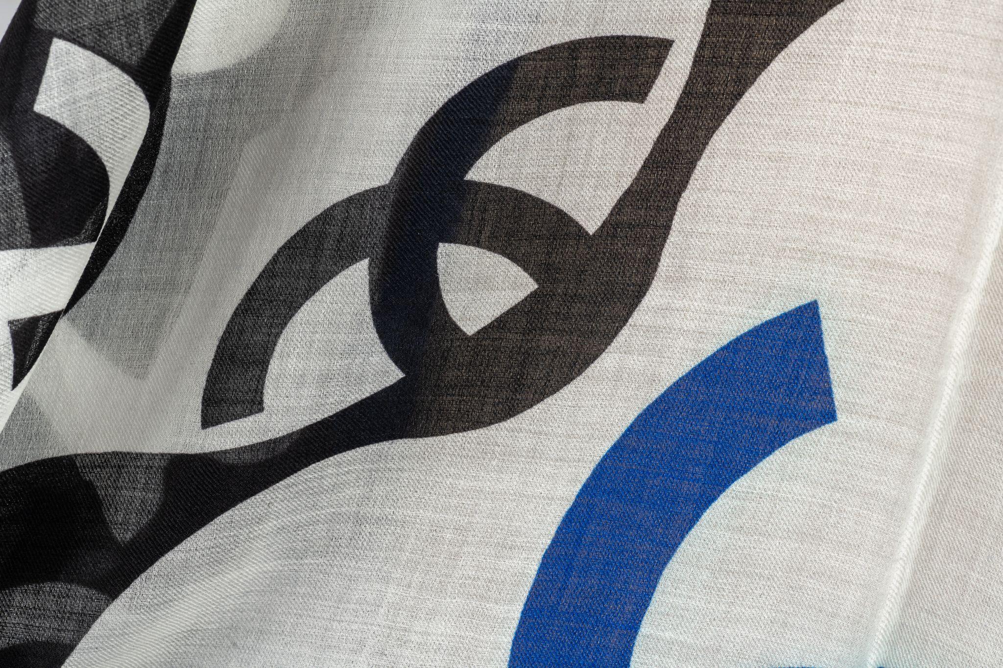 Chanel New Black White Blue Logo Shawl In New Condition For Sale In West Hollywood, CA