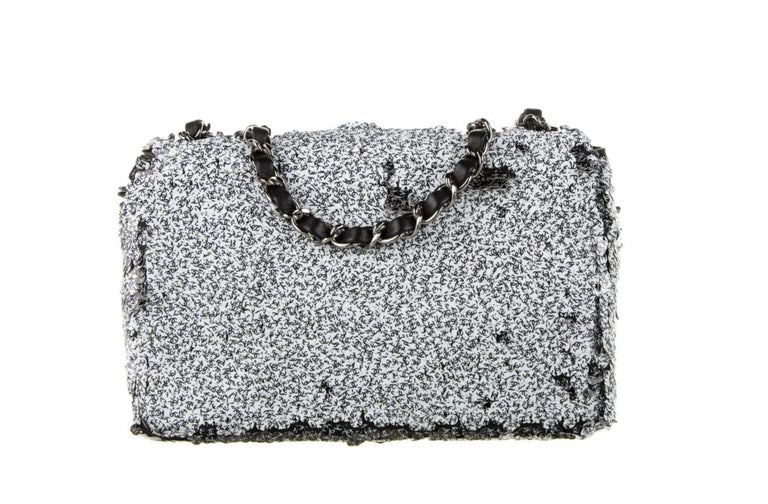 Chanel NEW Black White Logo Silver Small Sequin Evening Shoulder Flap Bag  in Box
