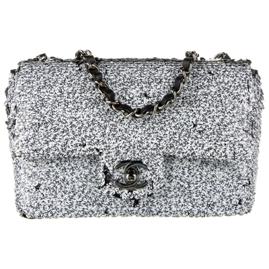 Chanel Women CC Classic Handbag Embroidered Velvet Sequins Silver