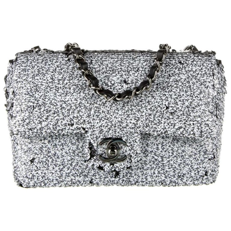 Chanel NEW Black White Logo Silver Small Sequin Evening Shoulder Flap Bag  in Box For Sale at 1stDibs