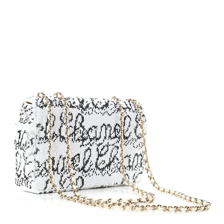 CHANEL NEW Black White Sequin Leather Small Evening Shoulder Flap
