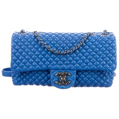 Chanel NEW Blue Bubble Leather Gunmetal Medium Evening Shoulder Flap Bag