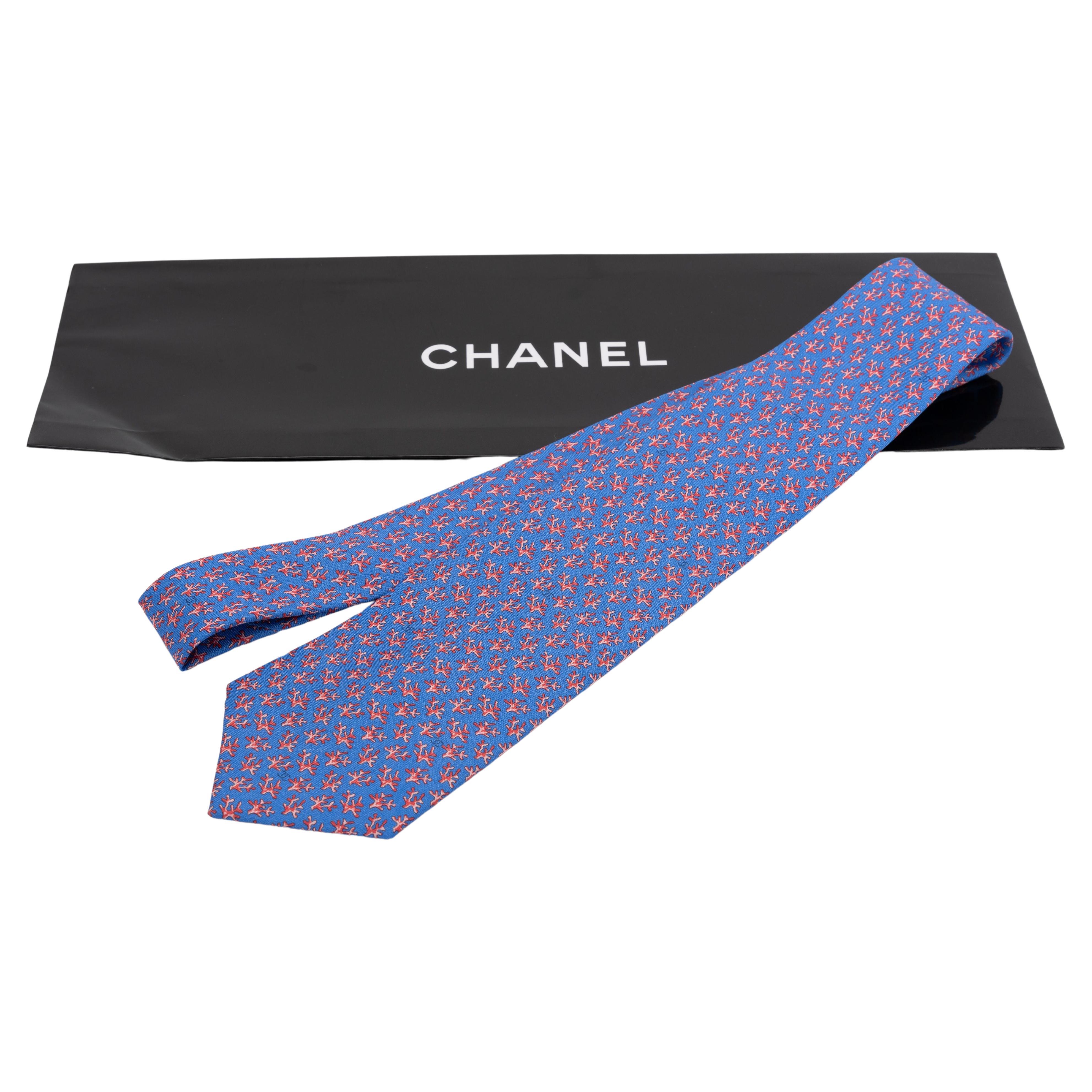 Chanel New Blue Coral Branch Silk Tie For Sale