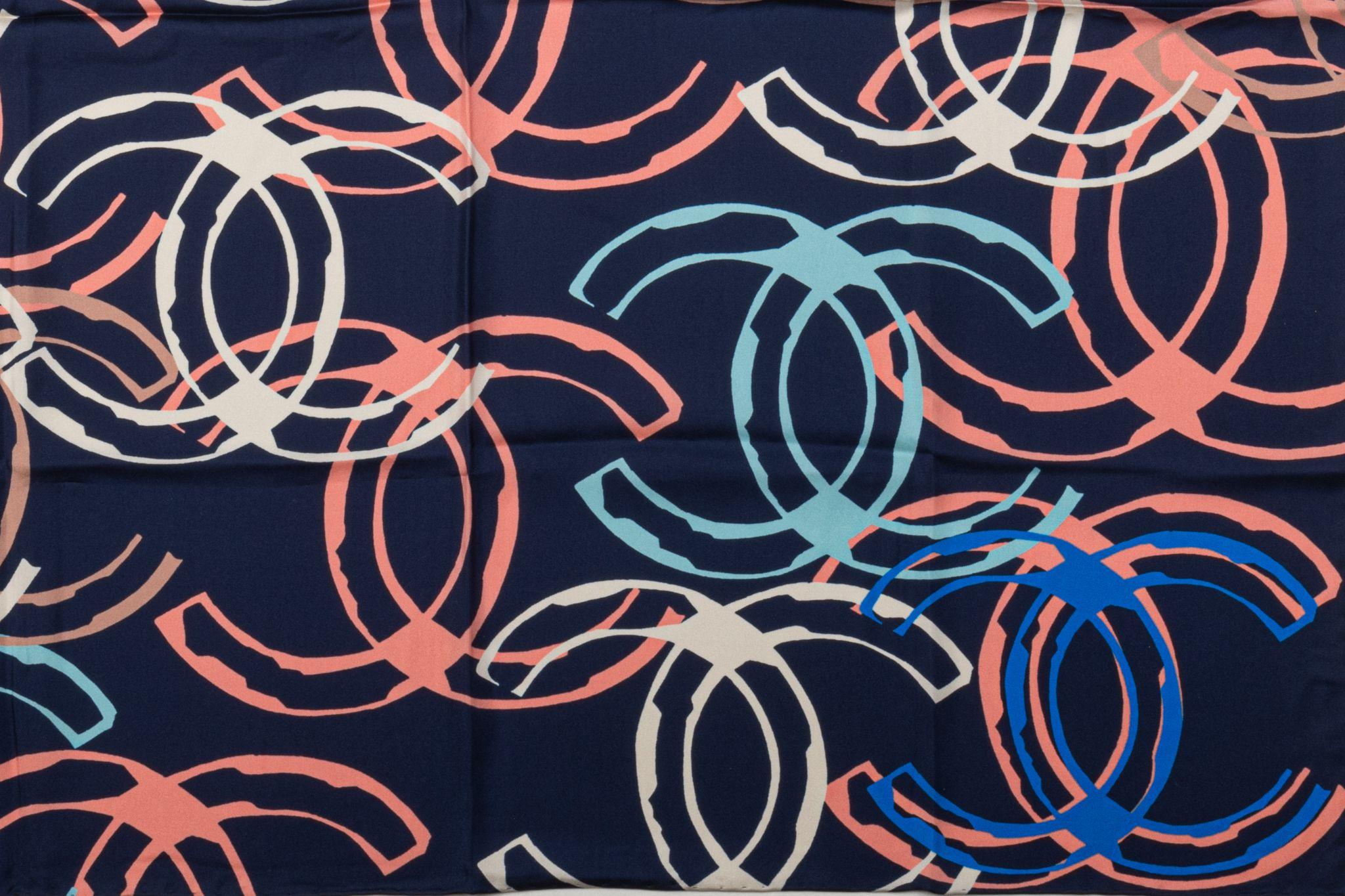 Women's Chanel New Blue Multilogo Silk Scarf For Sale