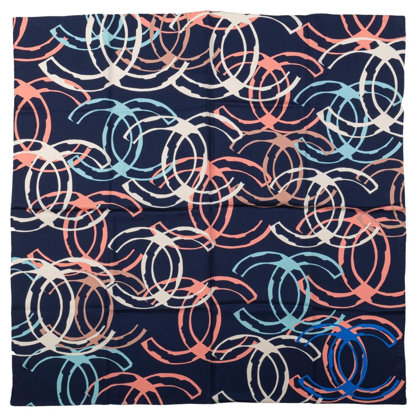 Chanel New Blue Multilogo Silk Scarf For Sale