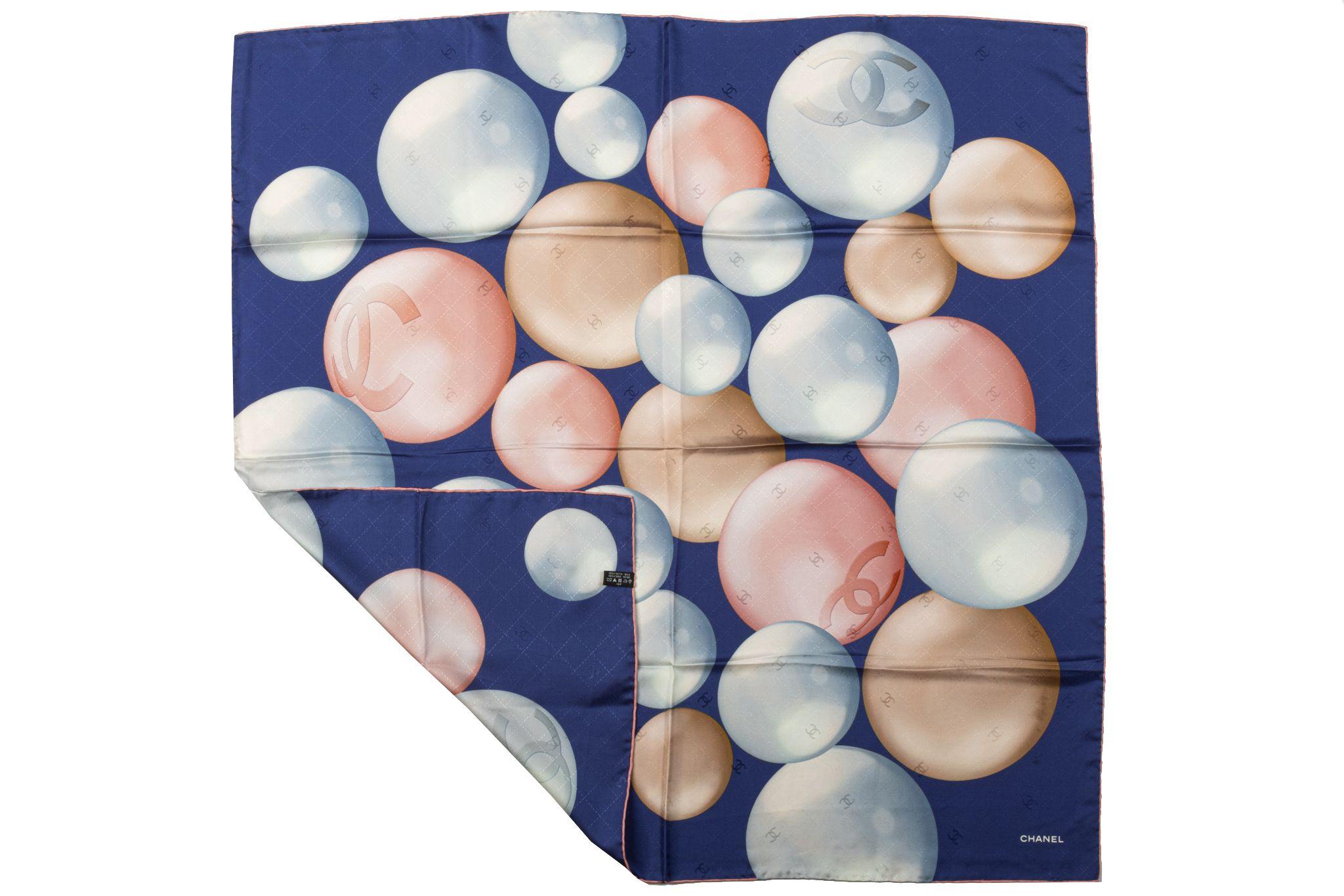 Chanel new blue silk scarf with pearls design. Hand rolled edges.
