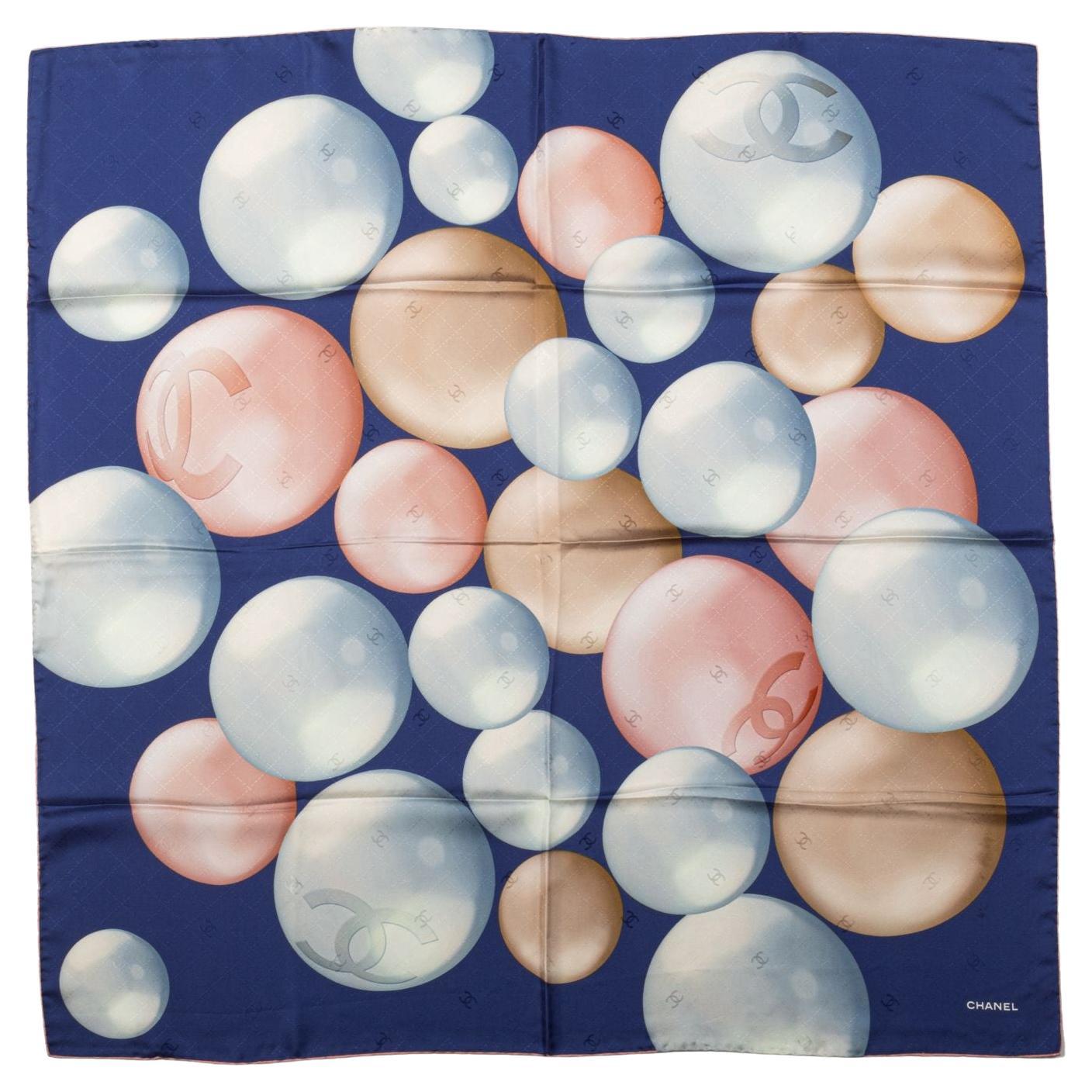 Chanel New Blue Pearls Silk Scarf For Sale