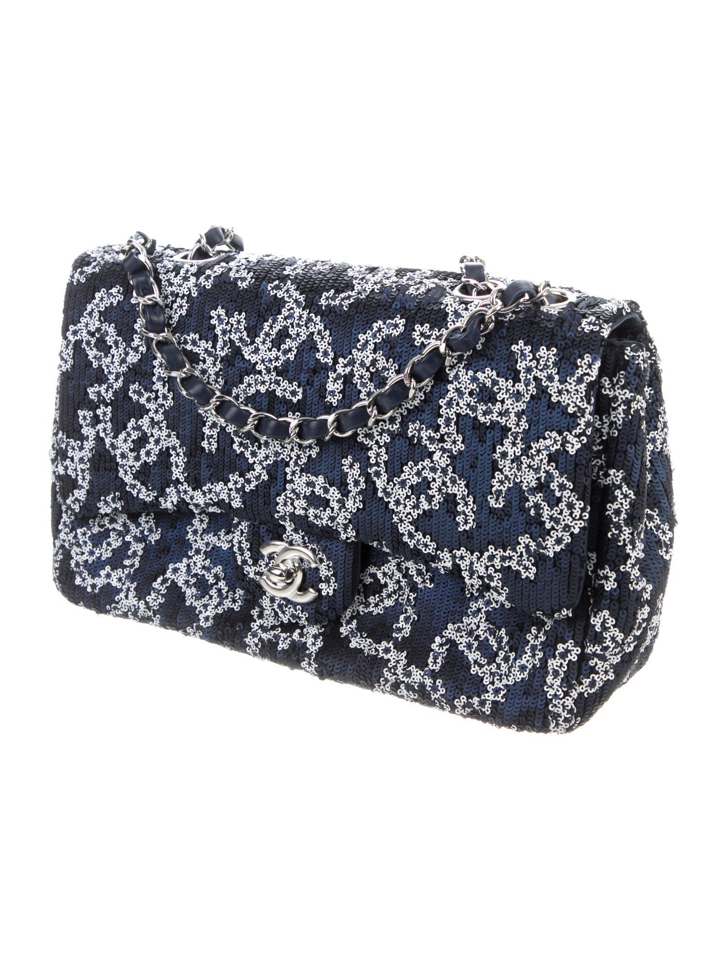 Black Chanel NEW Blue Silver Sequin Medium CC Logo Evening Shoulder Flap Bag