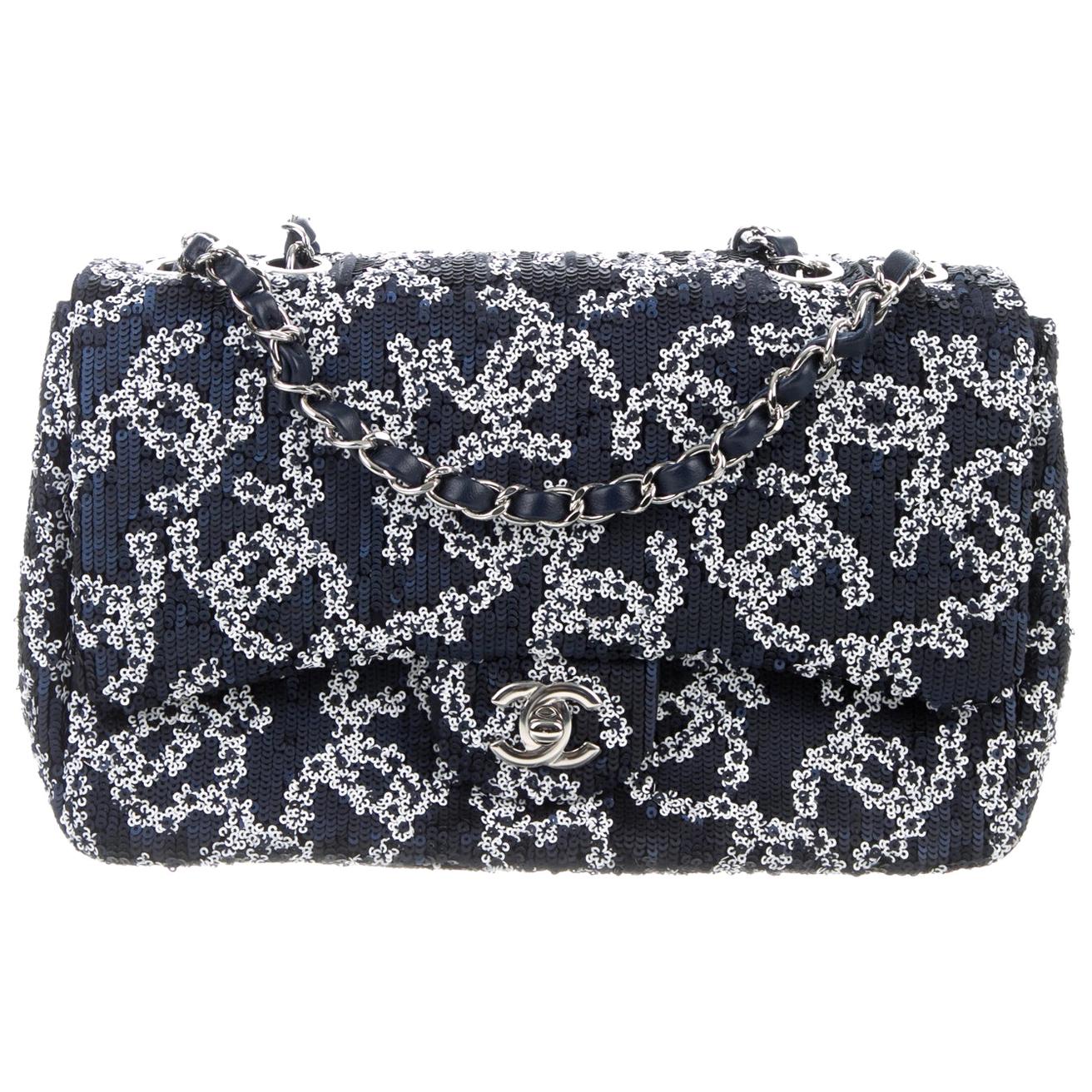 Chanel NEW Blue Silver Sequin Medium CC Logo Evening Shoulder Flap Bag ...