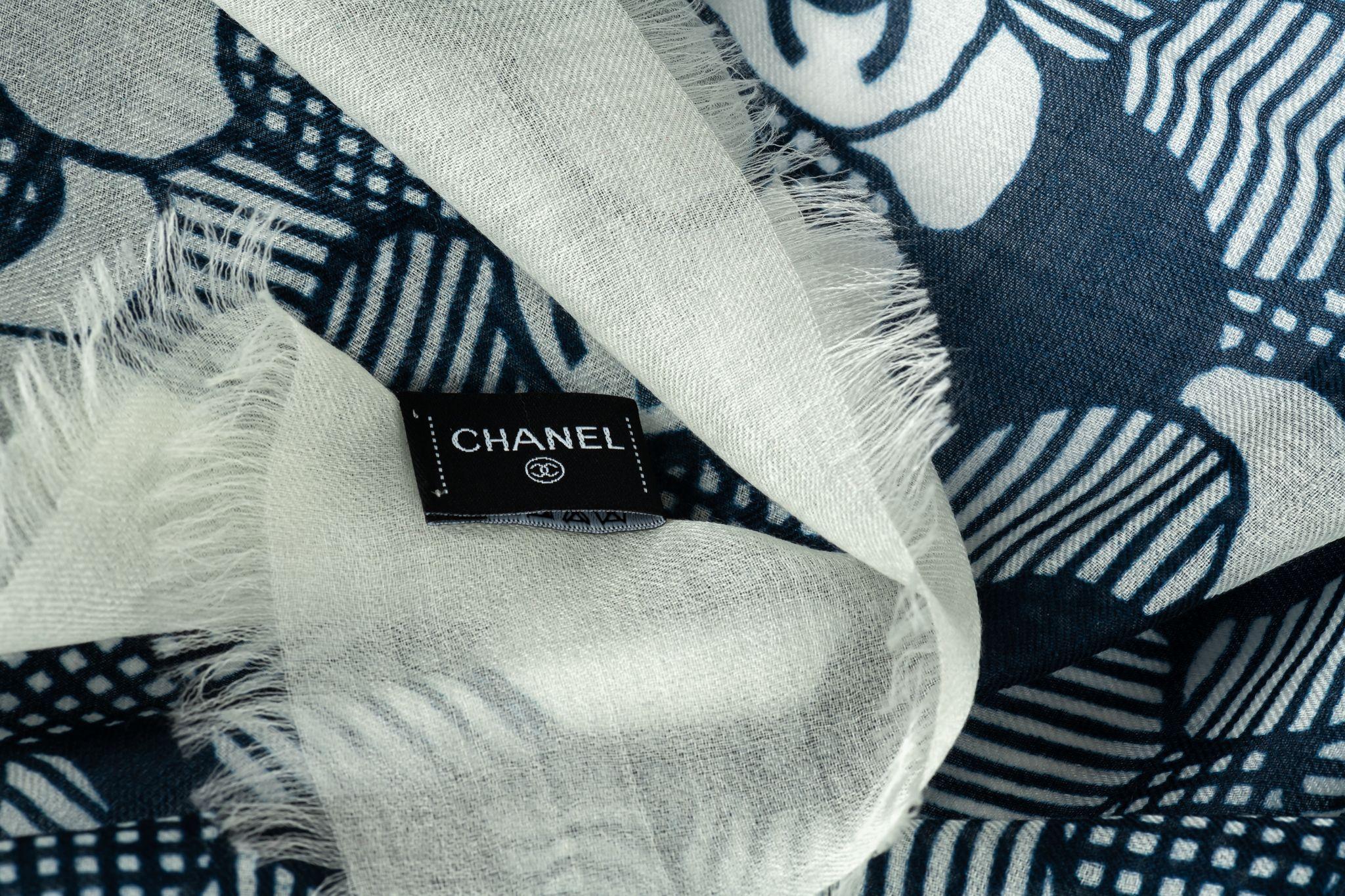 Black Chanel New Blue White Cashmere Shawl For Sale