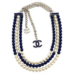 CHANEL NEW Blue White Pearl Multi Strand Charm Evening Pendant Necklace 