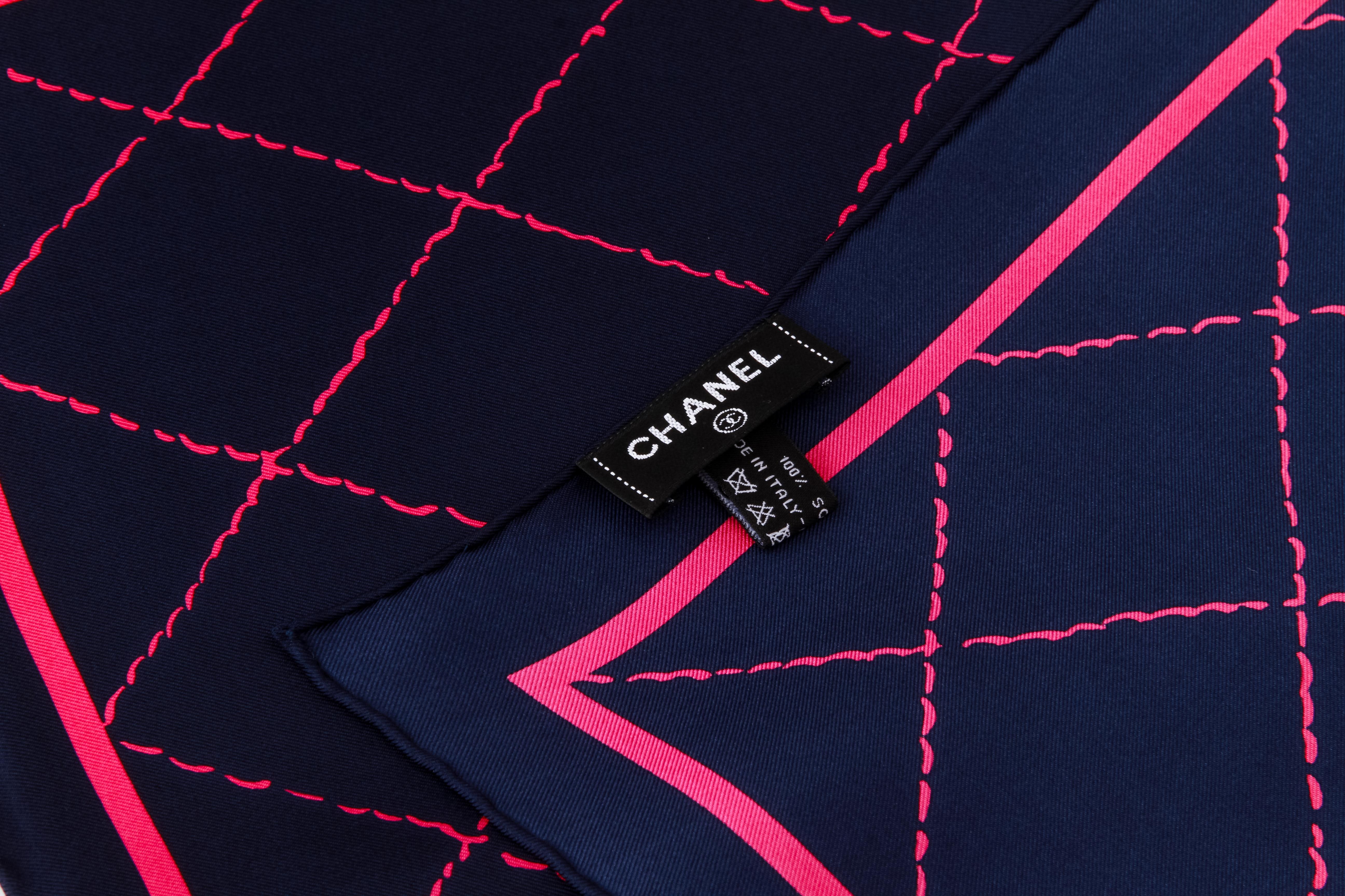 Chanel new blue with pink quilted logo scarf, 100% silk, 35