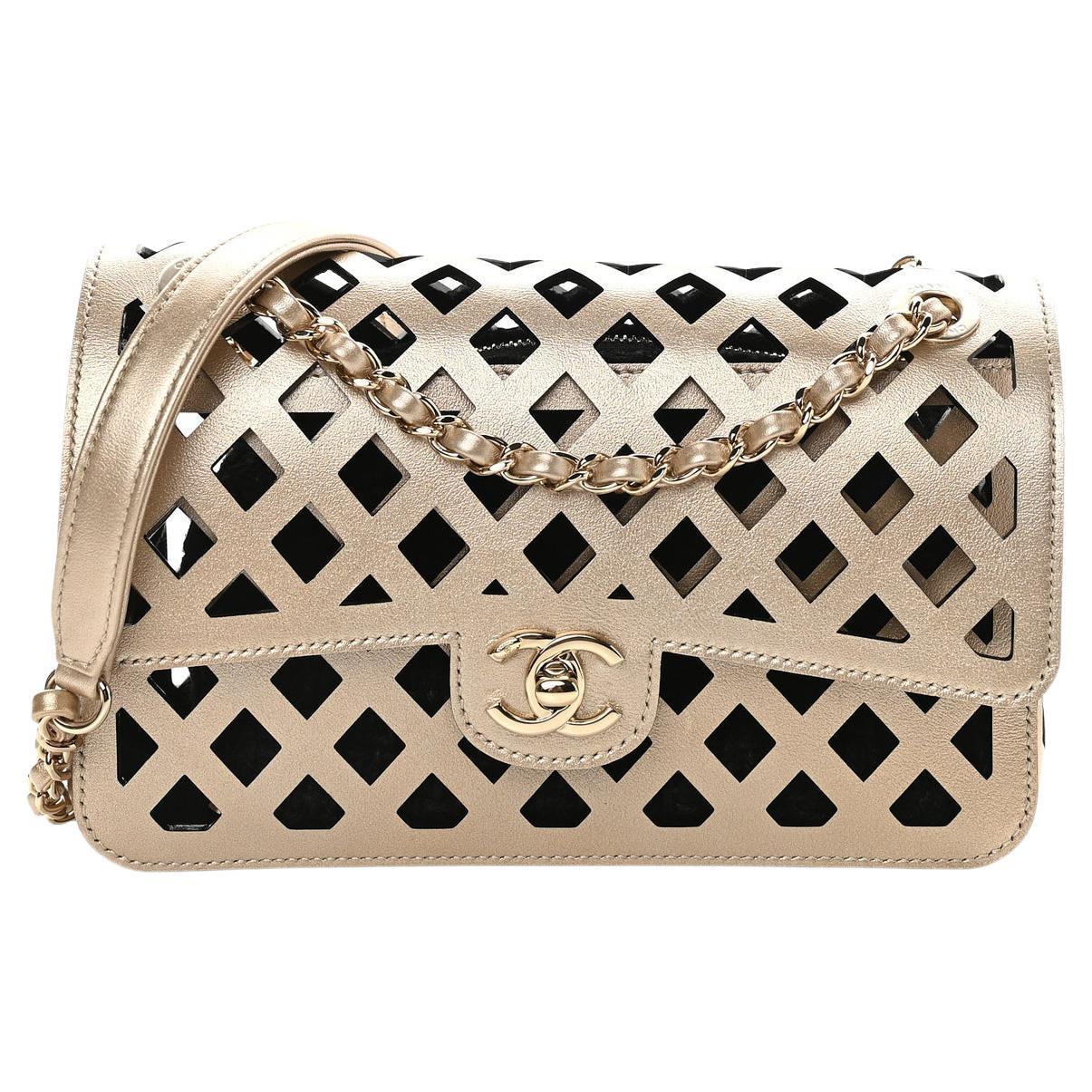CHANEL NEW Bronze Gold Lambskin Leather Perforated See Shoulder Small Flap  Bag For Sale at 1stDibs